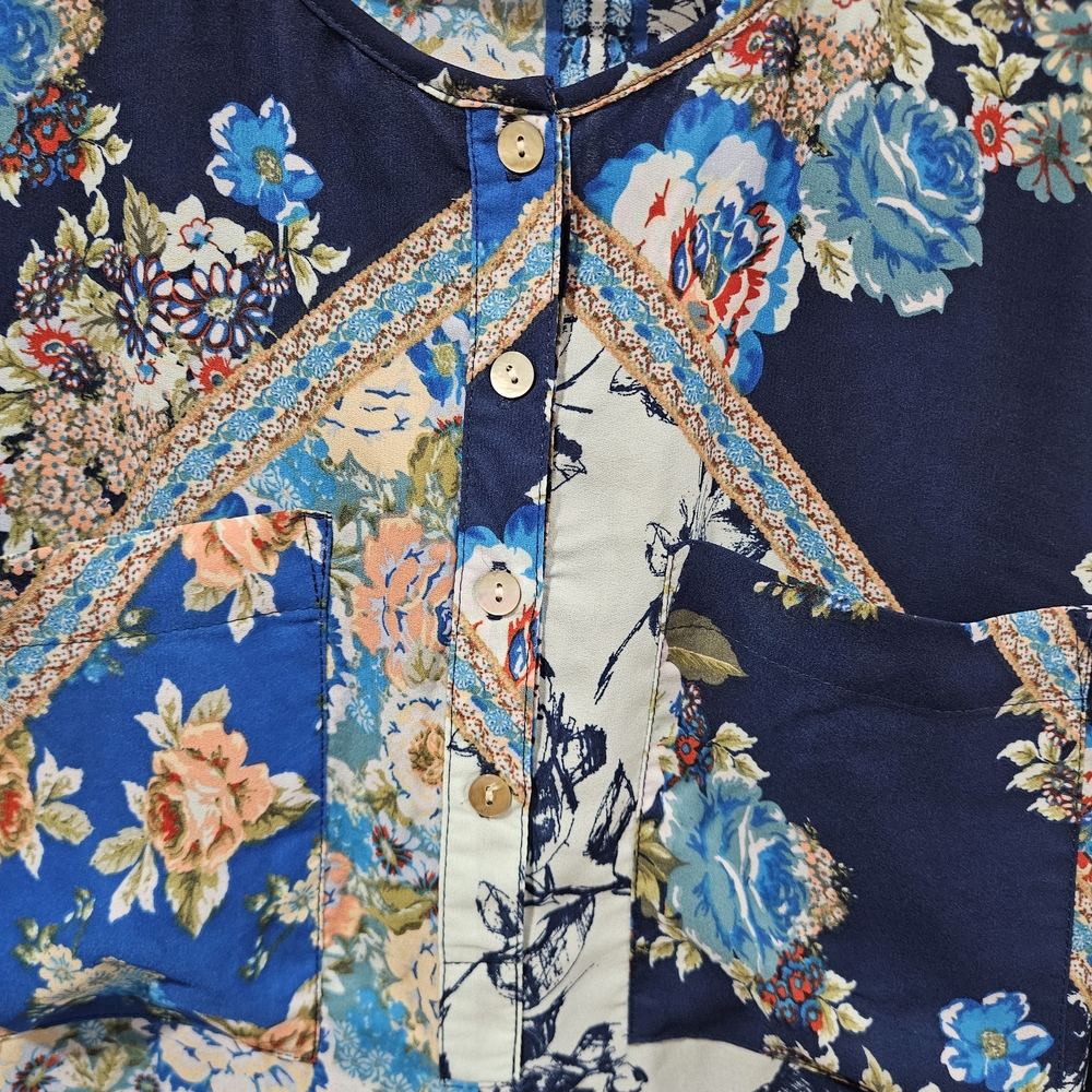 Figueroa & Flower Blue Floral Tunic Blouse Boho Patchwork Design, Size Large - Picture 5 of 10